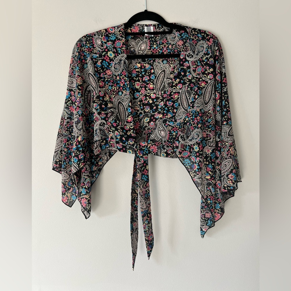 Famosa Sheer Paisley Tie-Front Kimono Top Size M Made in USA